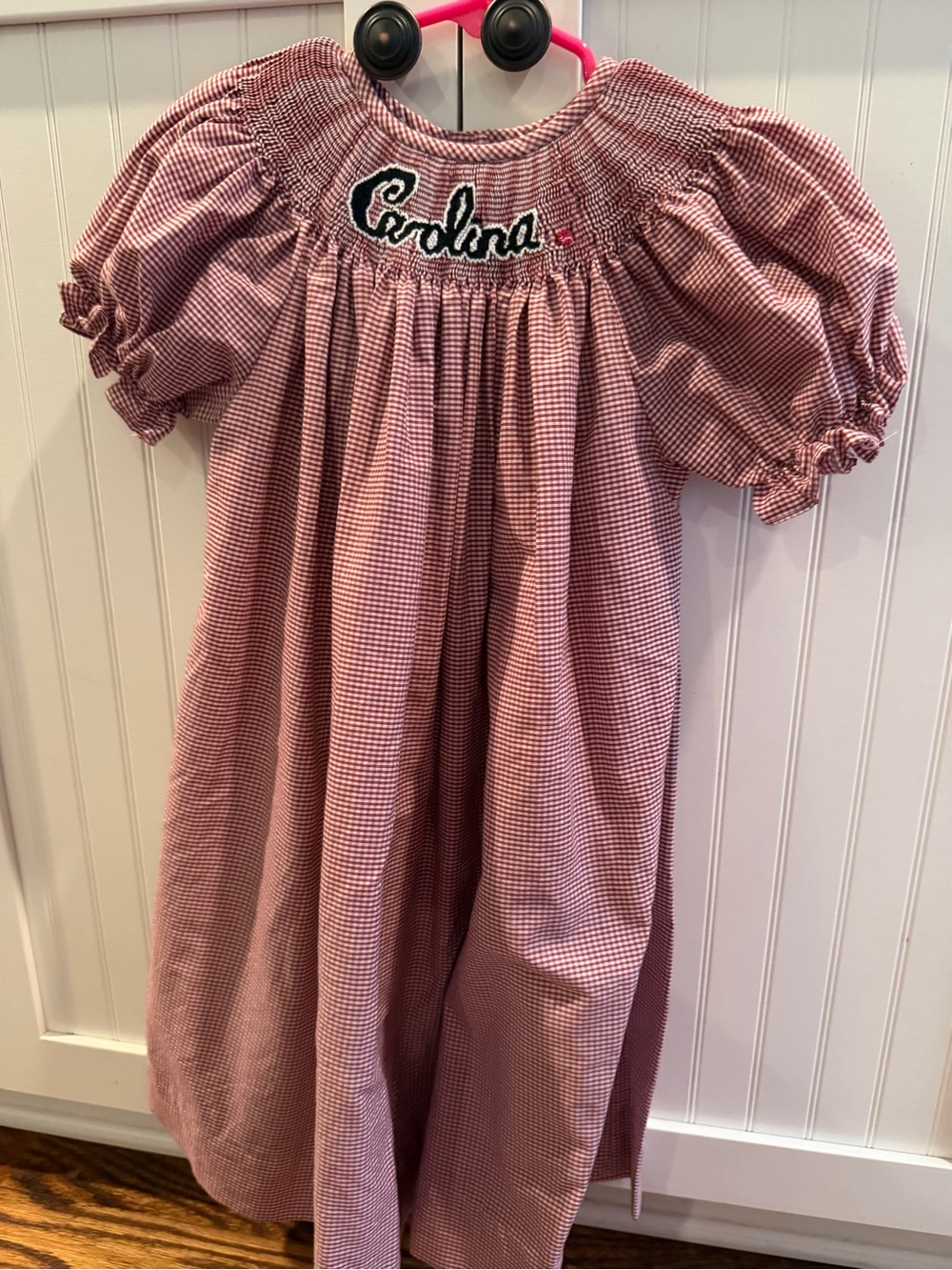 Smocked Pink Gingham Nightgown with 'Carolina' Embroidery